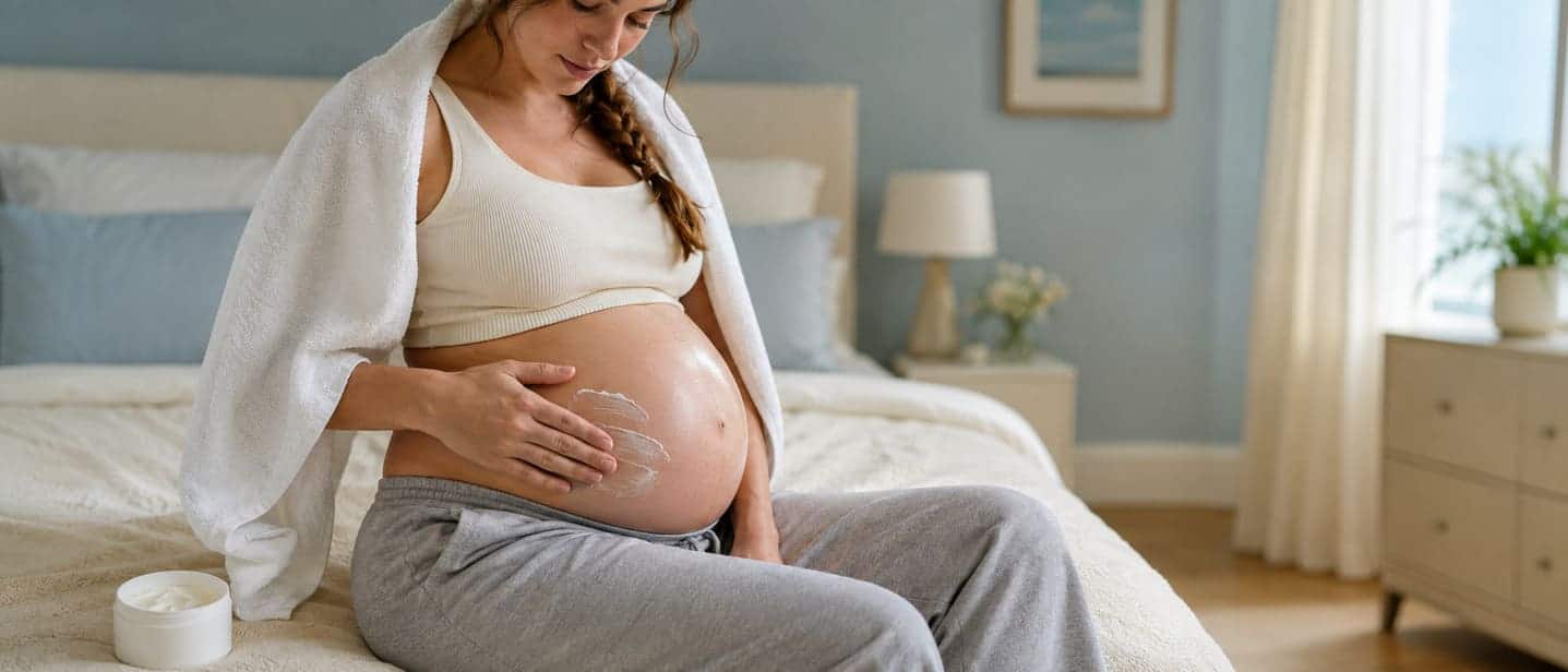 A pregnant woman caring for the skin on her belly