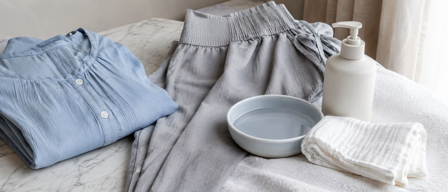 Loose cotton clothing folded beside a soft cloth and a fragrance-free cleanser
