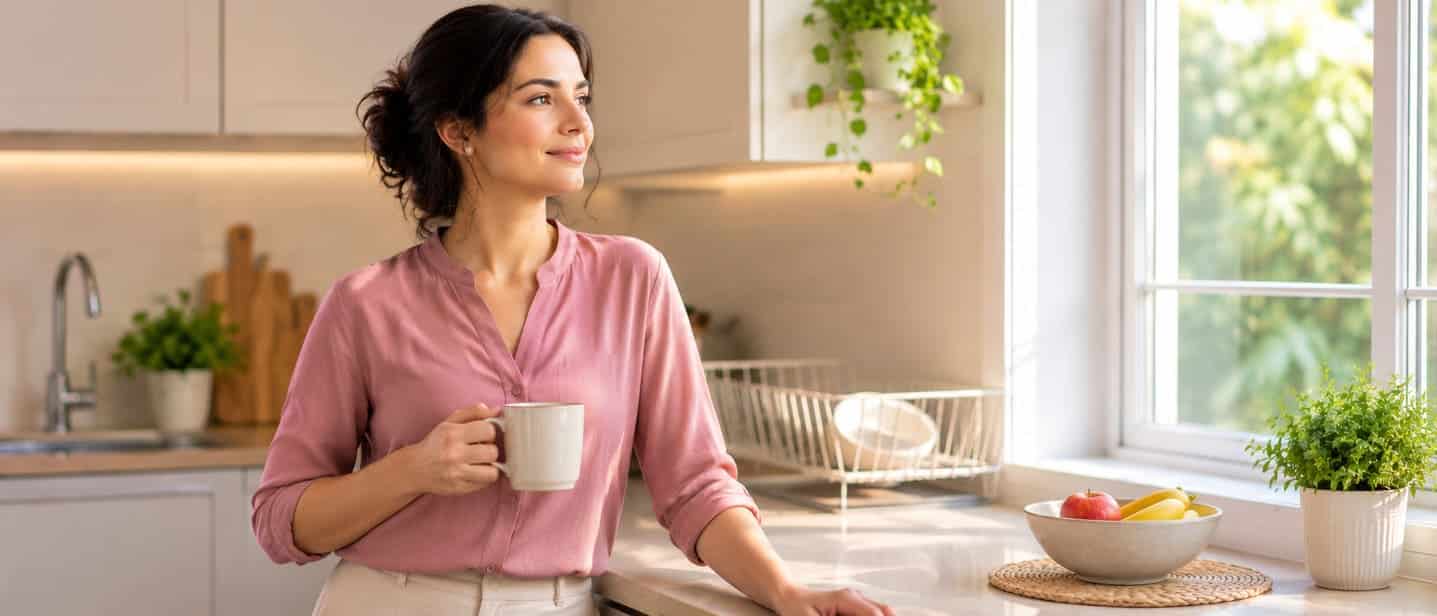 A mother pausing for a quiet breathing break at a kitchen window
