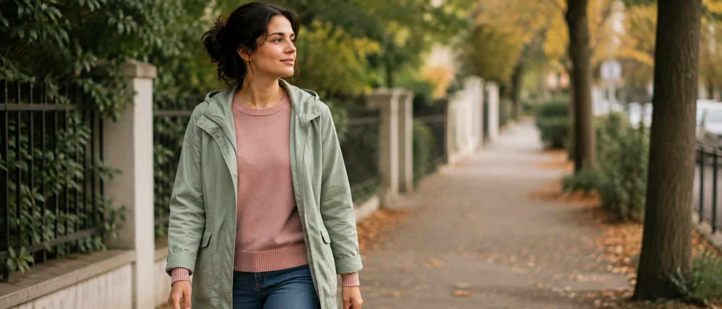A mother taking a short walk outdoors between family tasks