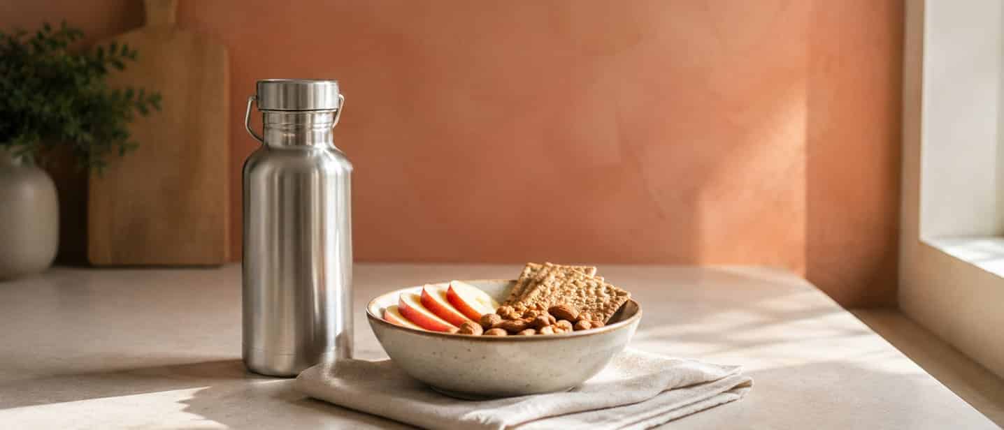 A prepared snack and water bottle set out on a kitchen counter