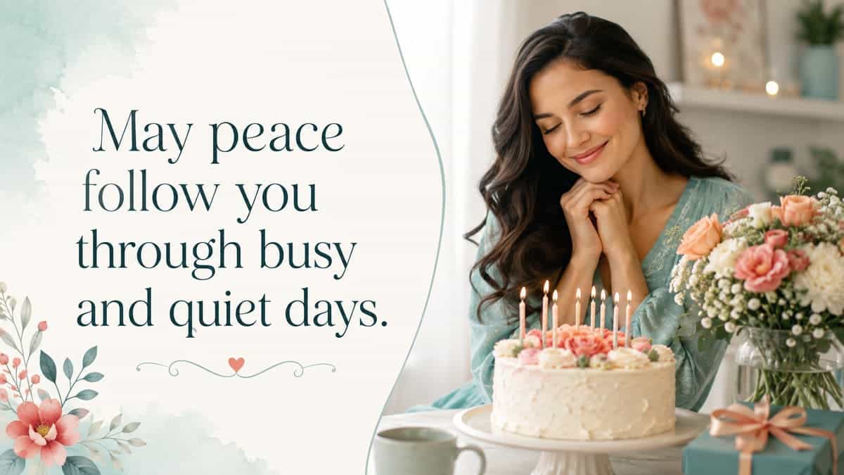 Peaceful birthday blessing for a sister with cake and flowers