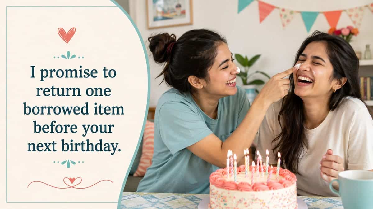 Two sisters laughing over a playful birthday joke