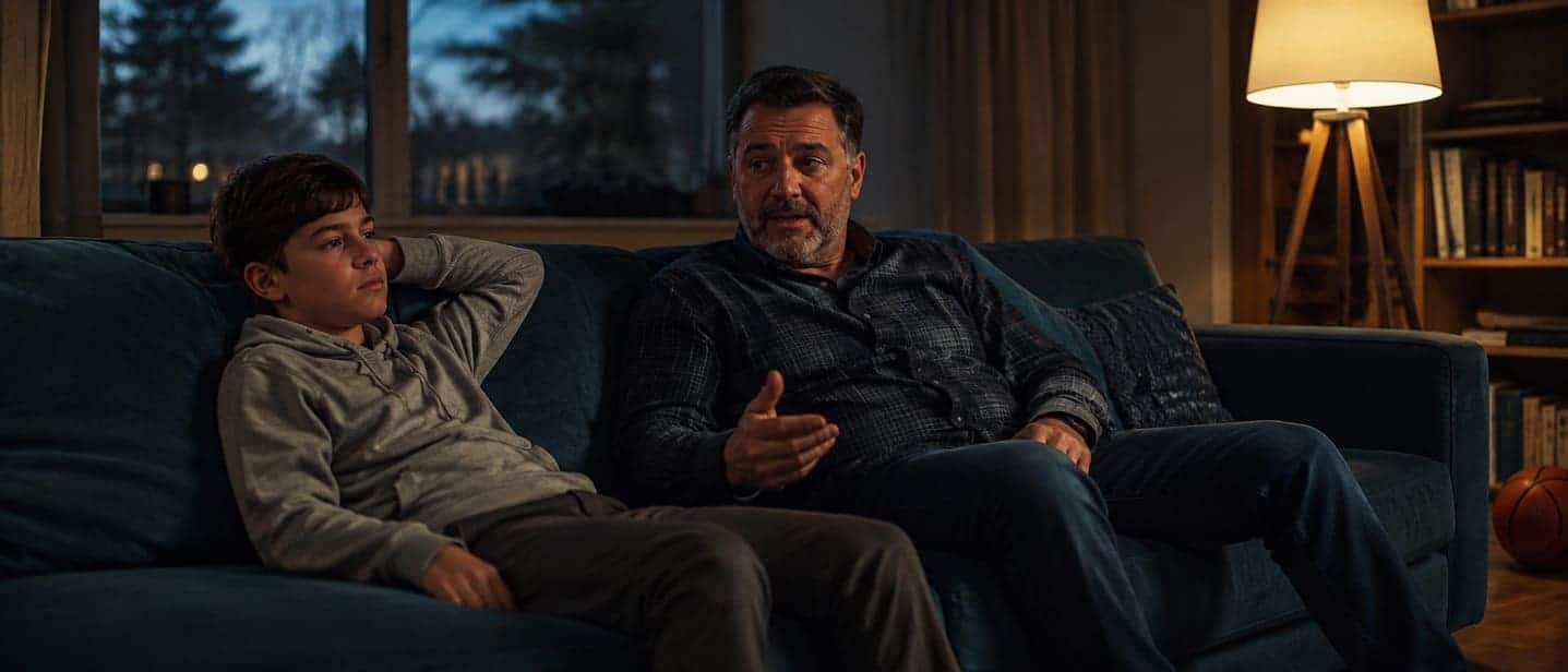 A parent and child talking calmly on a sofa at home