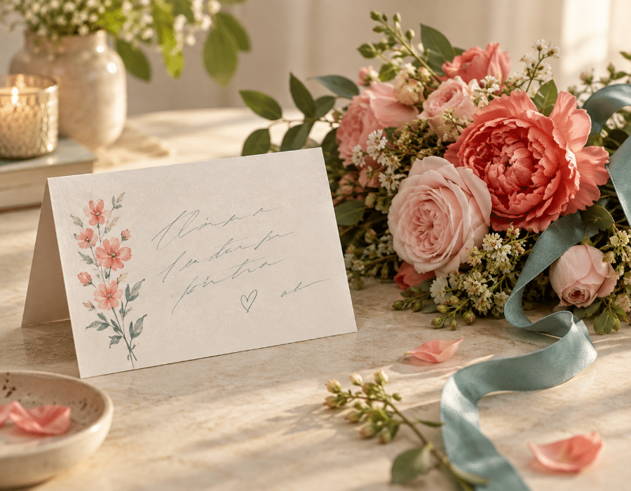 Birthday card beside pink flowers