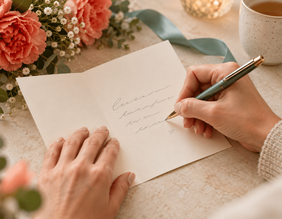 Hands writing a personal birthday message inside a card