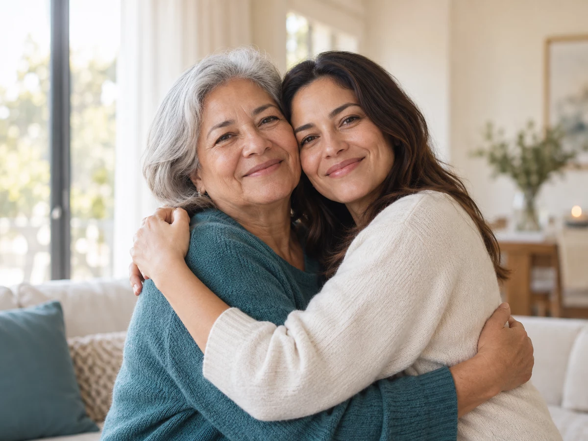 Mother and daughter embracing beside a birthday table