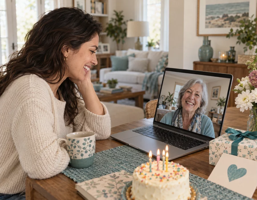 Daughter sharing a birthday video call with her mother