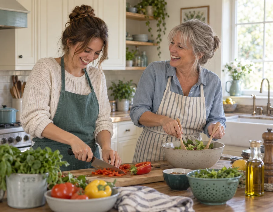 Mother and adult daughter laughing while cooking together
