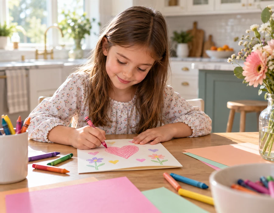 Young daughter making a birthday card at the kitchen table