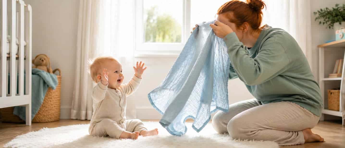A parent playing peekaboo with a smiling baby