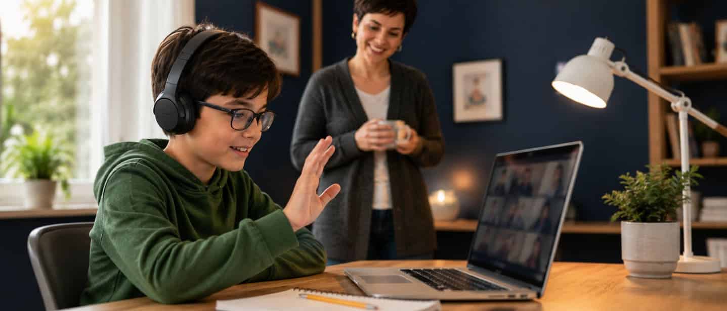 A child taking a live online class at a laptop with a parent nearby