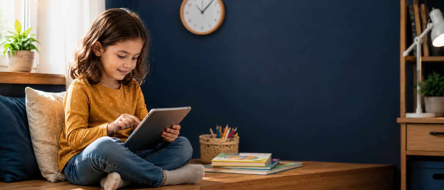 A child working independently on a self-paced learning app at home