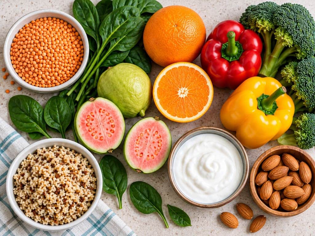 A pregnant woman preparing a varied meal with lentils, leafy vegetables, fruit, grains, and yoghurt