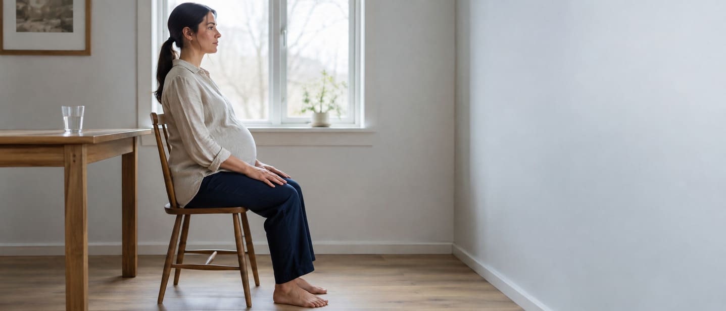A pregnant woman seated in a supported position practising pelvic floor exercises