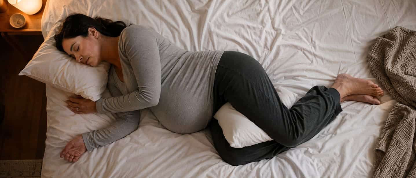 A pregnant woman lying on her side in a relaxed supported position