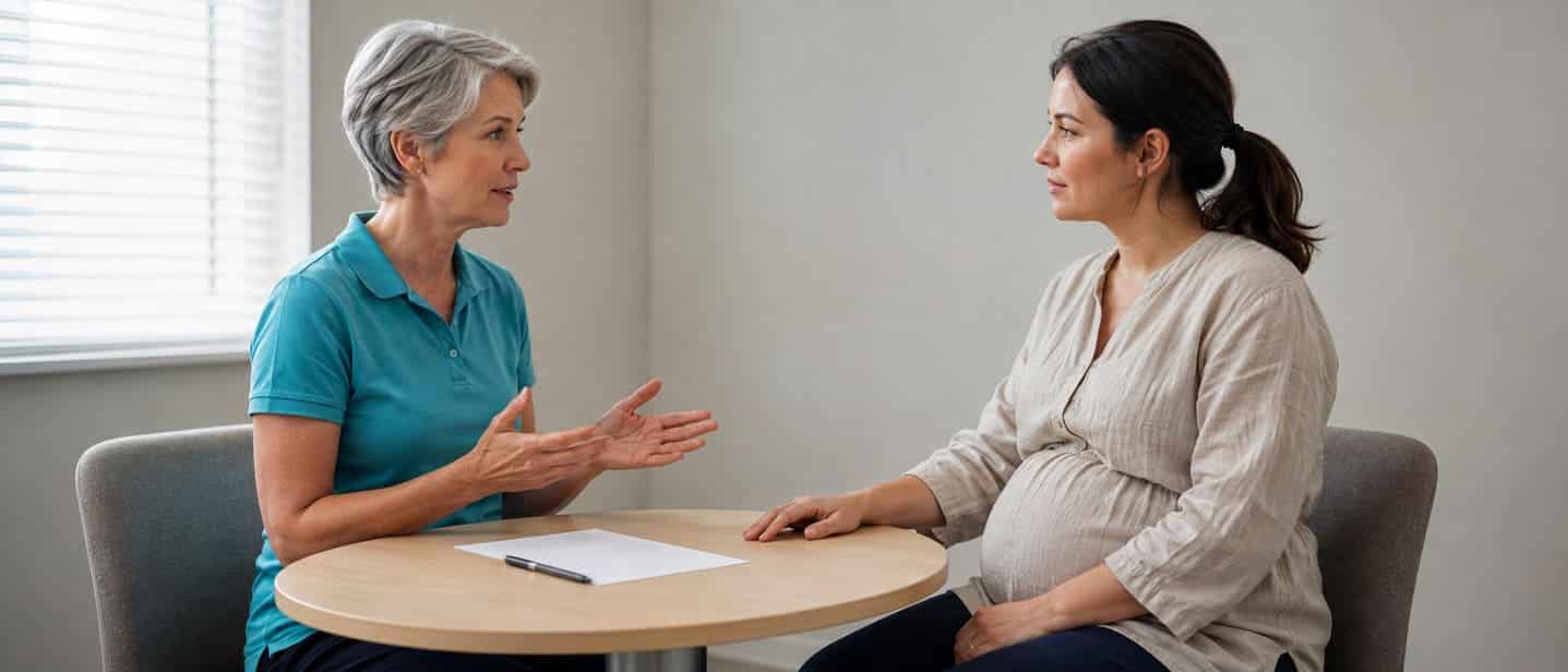A pelvic health physiotherapist discussing technique with a pregnant patient