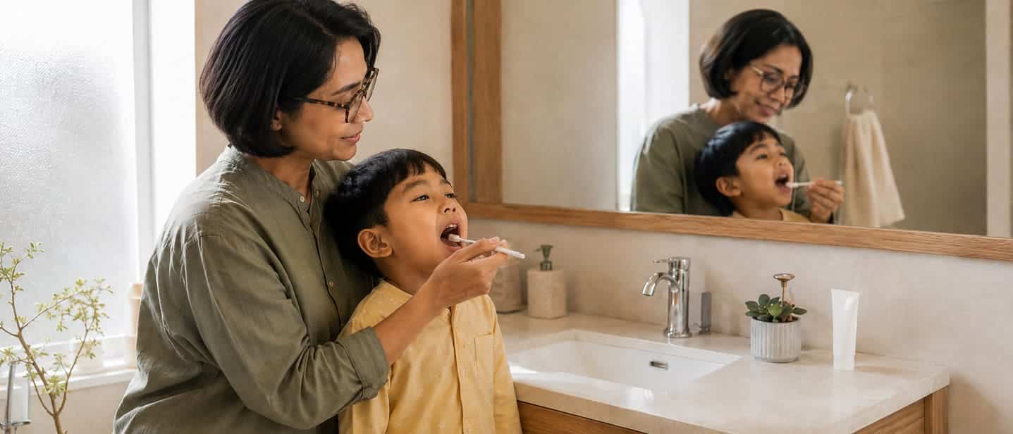 A parent standing behind a child at the sink, guiding brushing with a mirror
