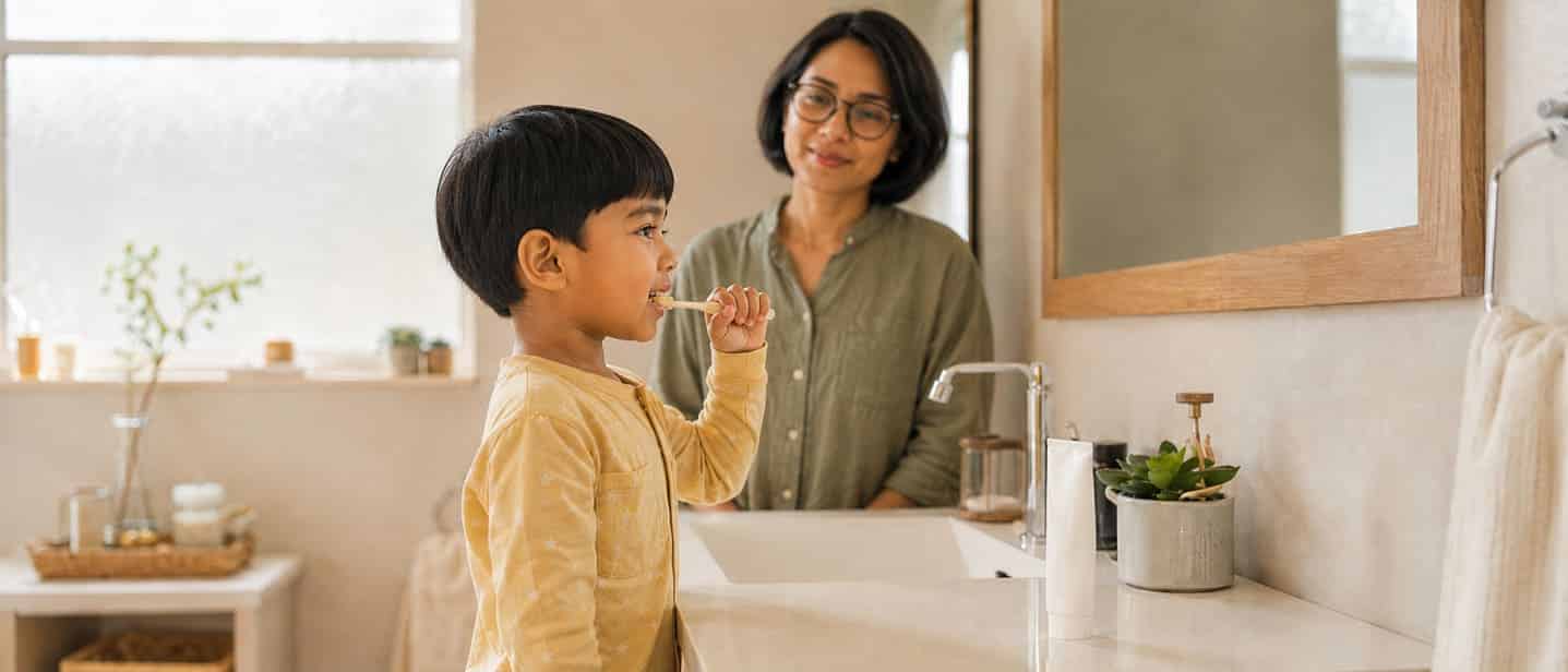 A child brushing their own teeth while a parent watches and checks
