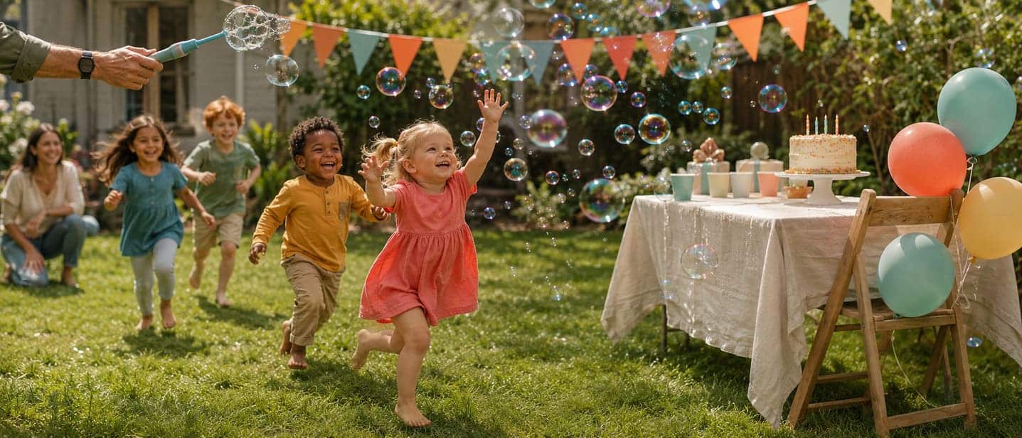 Toddlers chasing bubbles at a backyard birthday party with bunting and a cake table