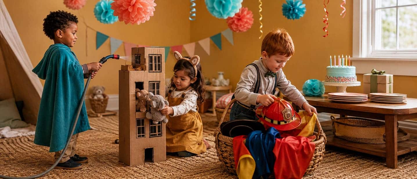Three year olds in firefighter pretend play at an indoor birthday party