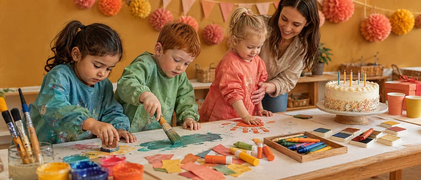 Four year olds painting a big art project at a birthday party table