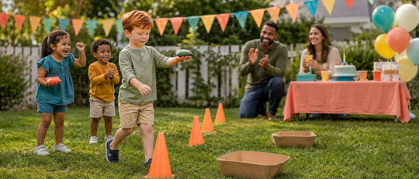 Five year olds taking turns at a beanbag balance relay in a backyard