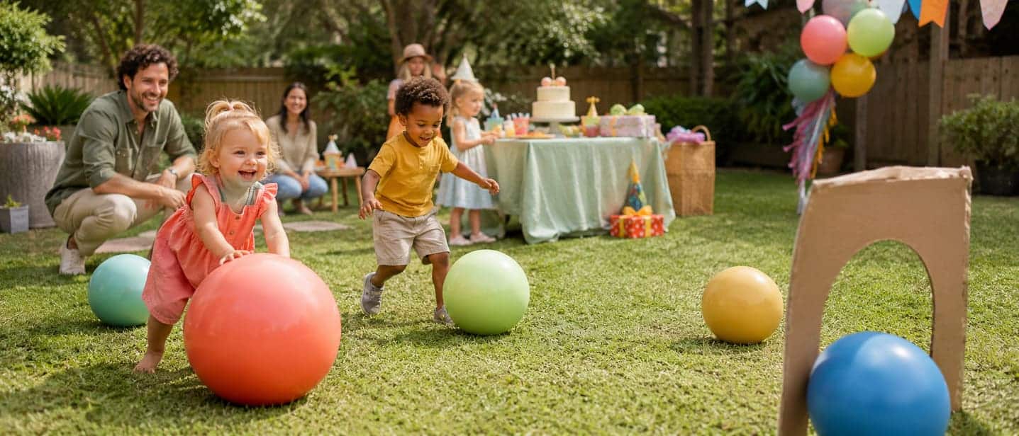 Toddlers rolling large balls toward a cardboard target at a birthday party