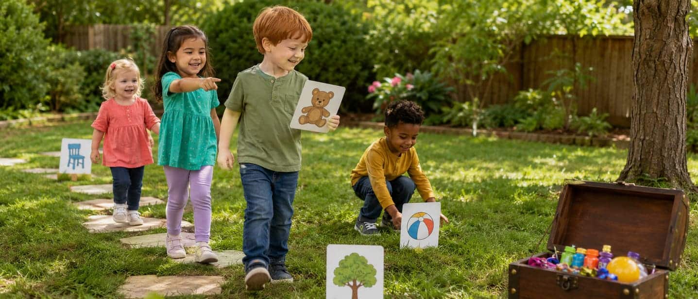 Preschoolers following a picture trail toward a treasure chest