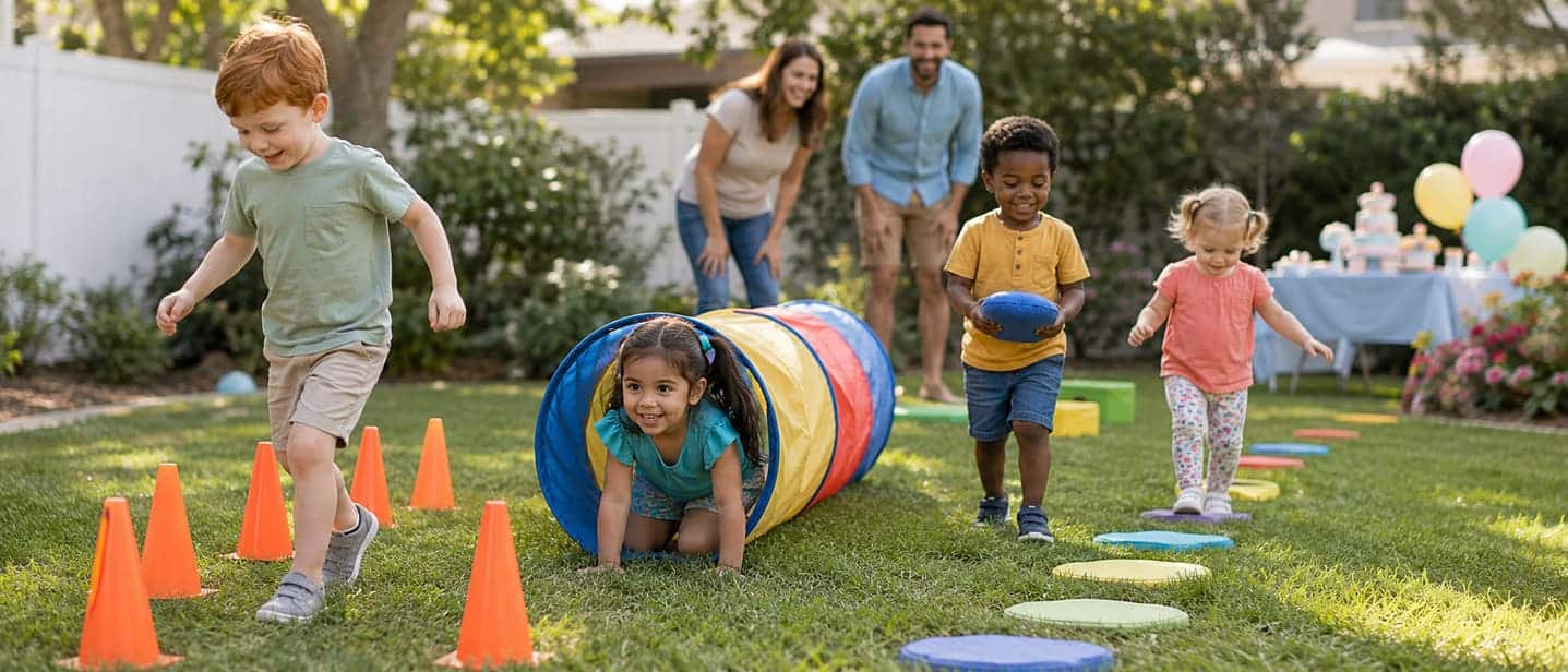 Children moving through a backyard obstacle course with cones and a tunnel