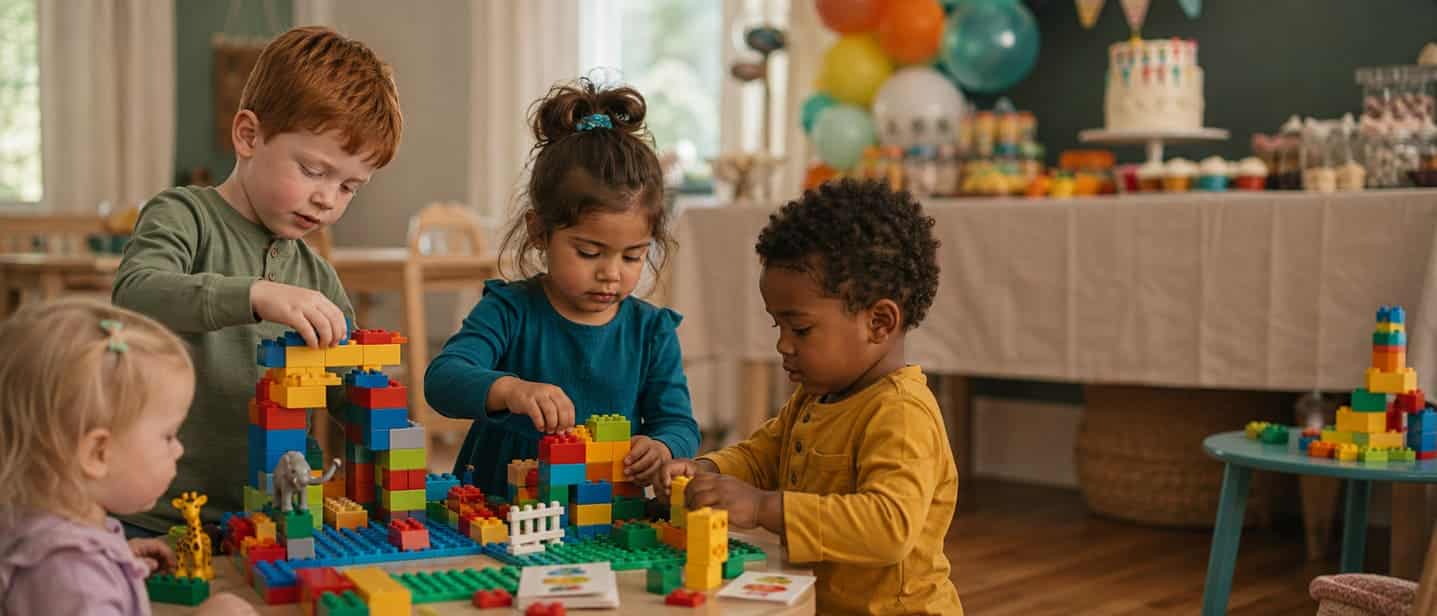 Five year olds building with large bricks at a birthday party table