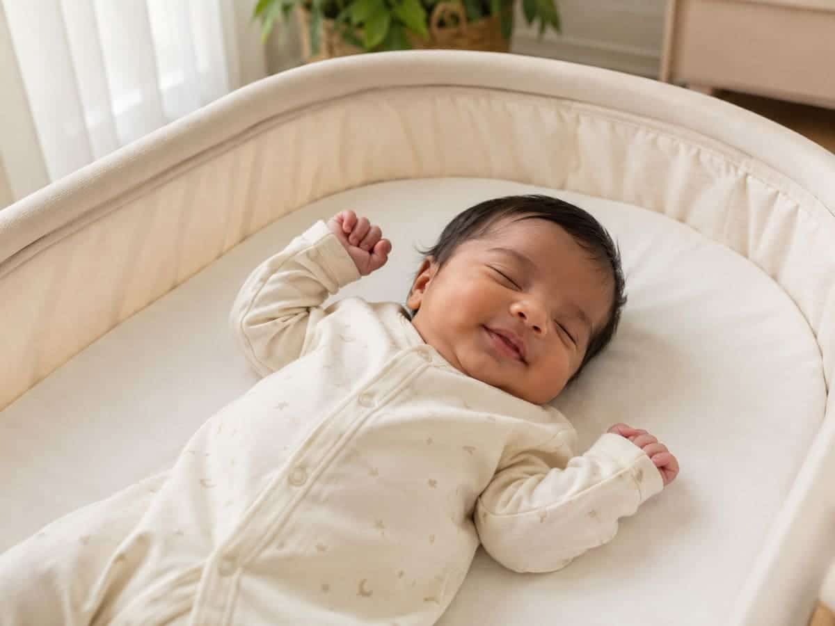Newborn showing normal active sleep movements while resting safely