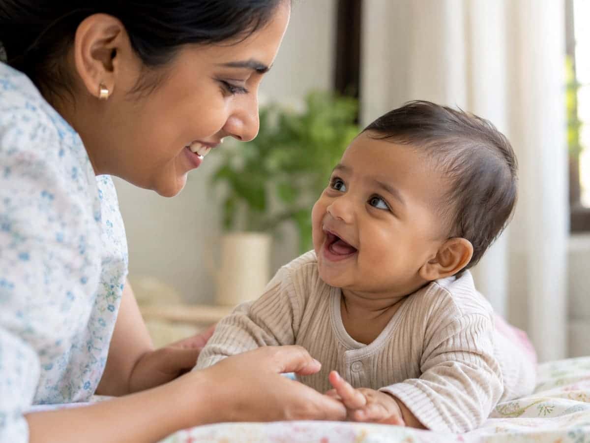 Baby smiling while awake with a parent during calm face-to-face interaction