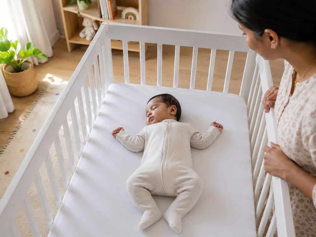 Baby sleeping safely on the back in a clear crib with a firm flat mattress