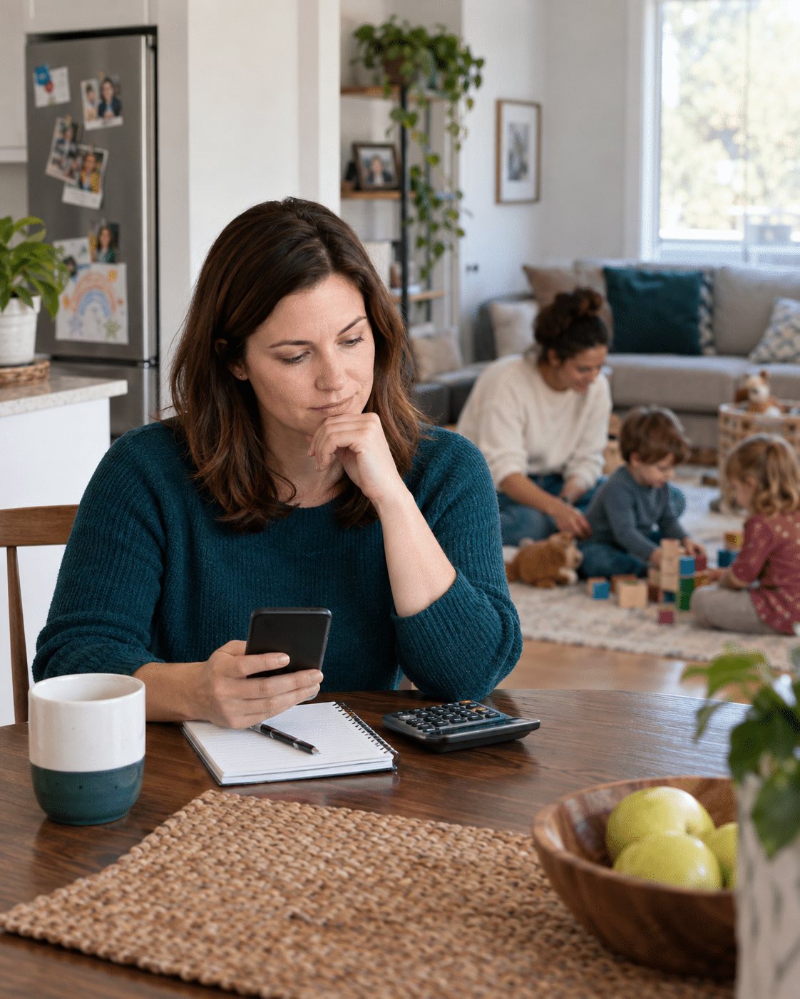 Parent comparing sitter costs while a babysitter plays with two children nearby.