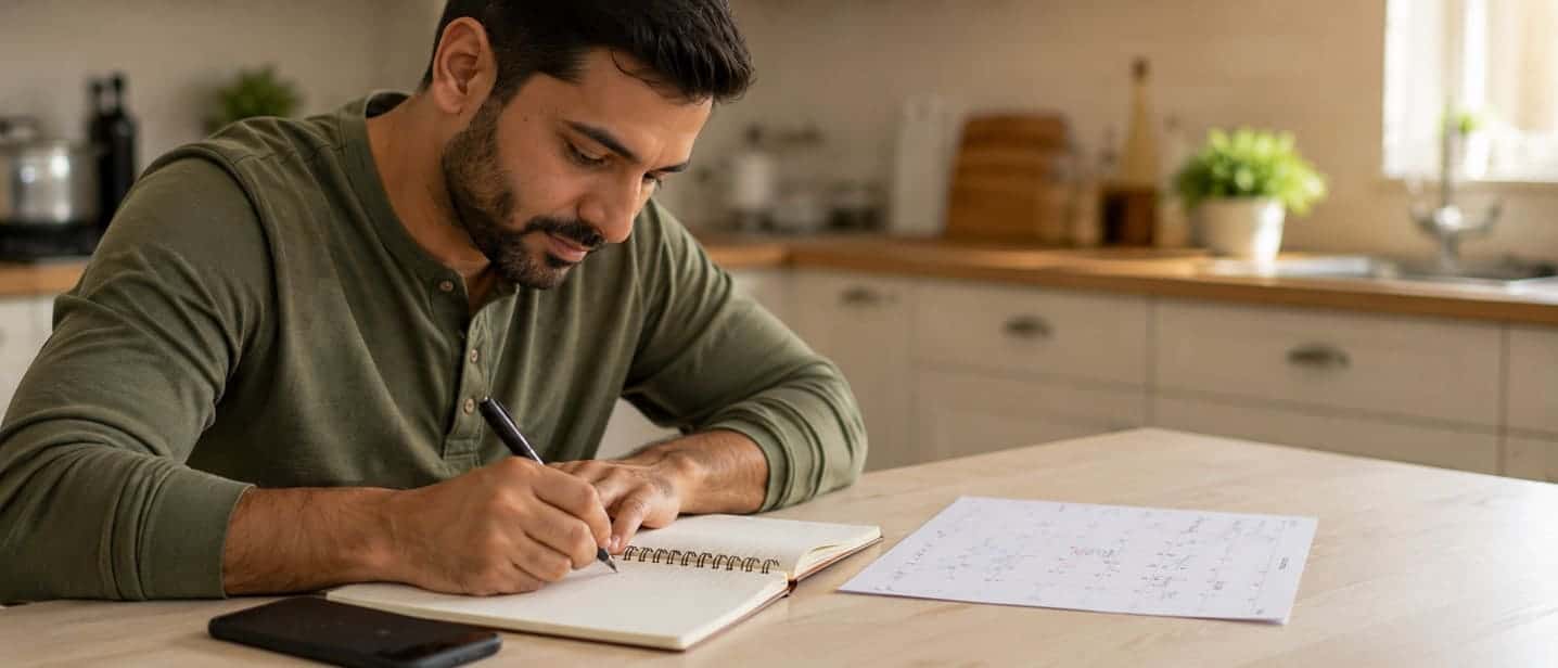 A parent writing a schedule note at a kitchen table