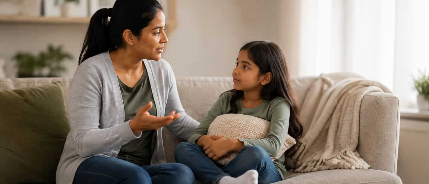 A child listening while a parent talks calmly on a sofa