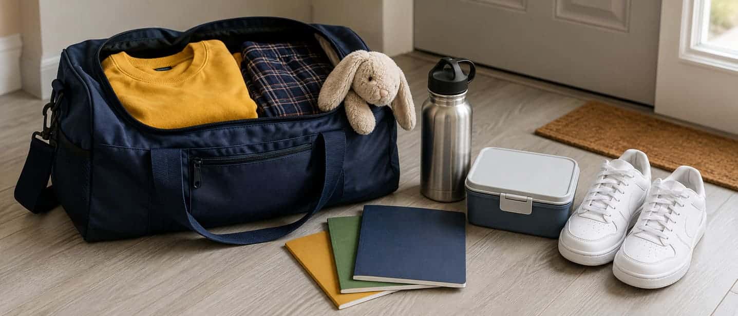 A packed bag and school items ready before a handoff