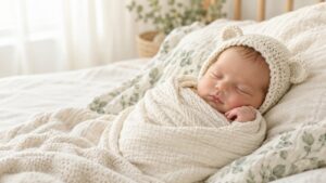 Sleeping newborn wrapped in a cream blanket