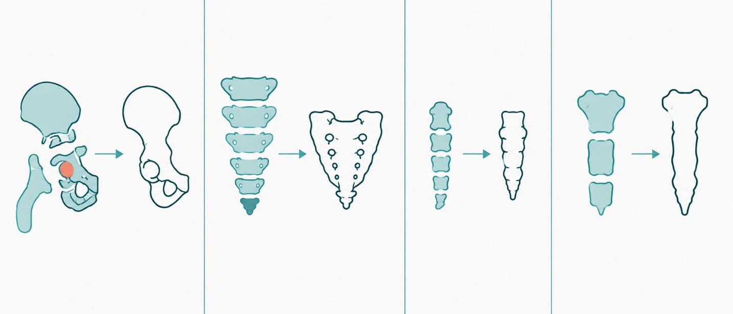 Hip bone, sacrum, tailbone and breastbone shown as separate parts joining into single adult bones