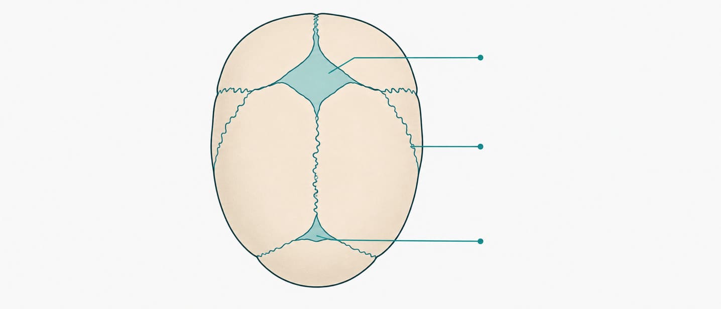 A newborn head showing the front and back soft spots between growing skull bones