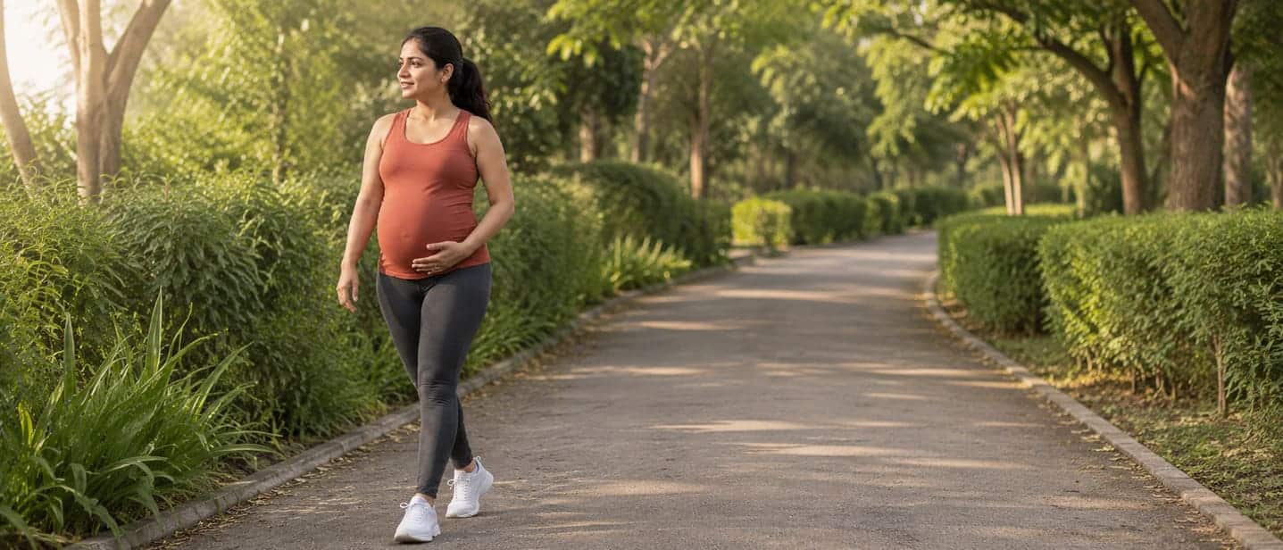 A pregnant woman walking outdoors in supportive shoes