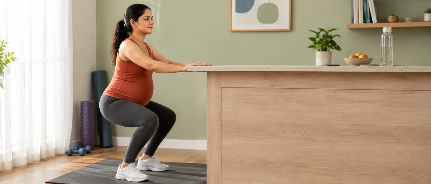 A pregnant woman doing supported squats holding a kitchen counter