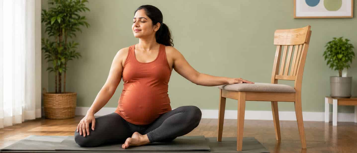 A pregnant woman practising modified prenatal yoga with a chair for support