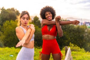 healthy life, fitness, fitness girls, gray and red sport outfits