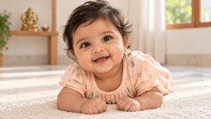 Smiling baby girl resting on an ivory mat