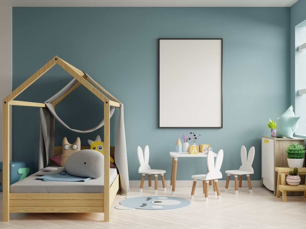 mock up poster frame in children room,kids room,nursery mockup,blue wall.