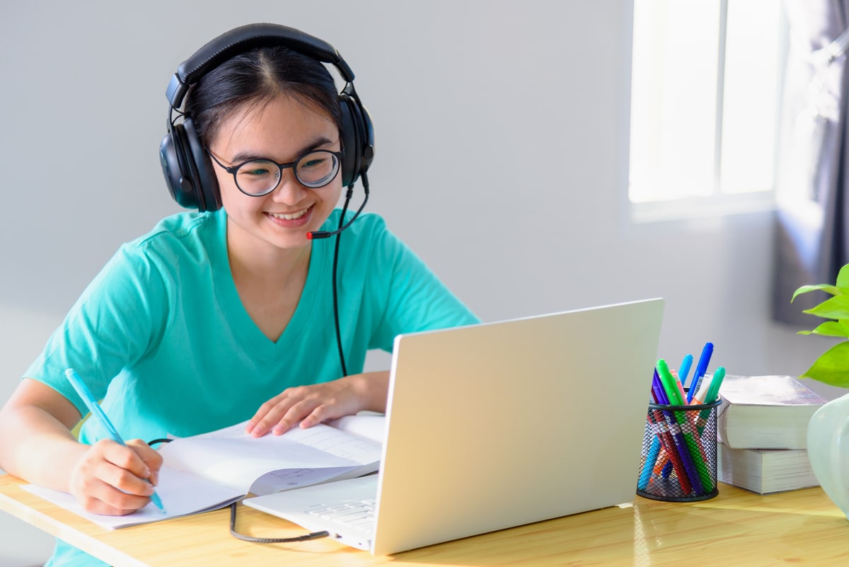 asian woman student happy in class online learning