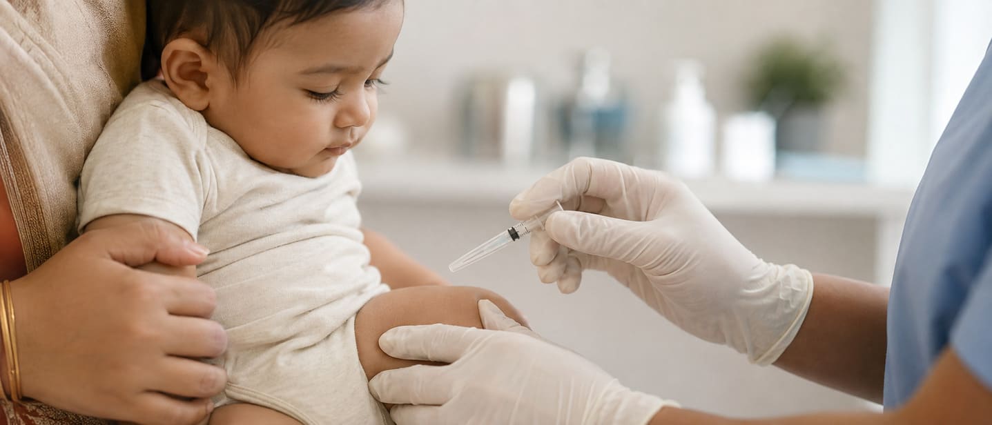 A health worker giving a baby a routine vaccine at a clinic
