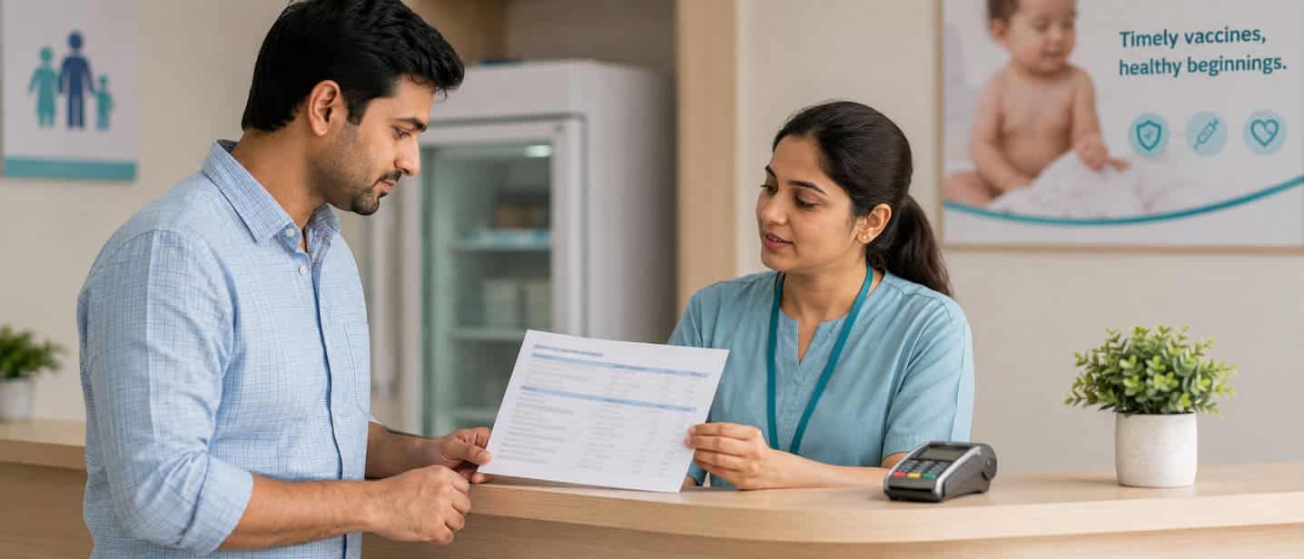 A parent reviewing a vaccine price list at a private clinic counter